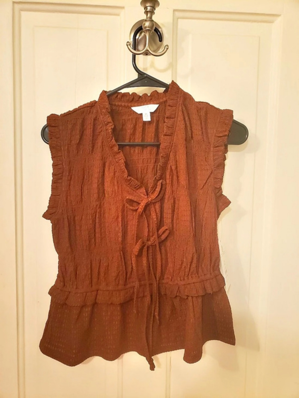 Time and Tru Textured Tie Top Ruffle Tie Front Blouse Brown XS